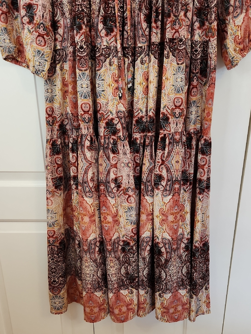 Anthropologie Ragu Paisley Print Pink Motif Tiered Maxi Dress Tassels Size M - Picture 4 of 16